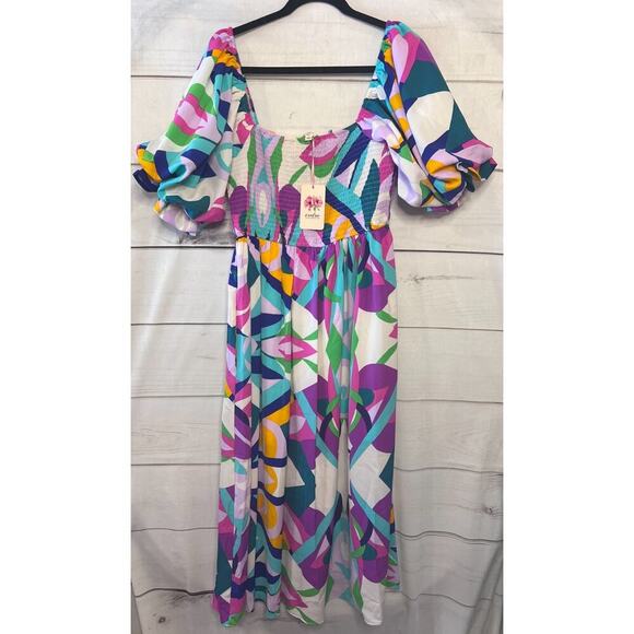 Entro Maxi Dress Size Large Geometric Smocked Poof Sleeves MultiColor - Picture 1 of 5